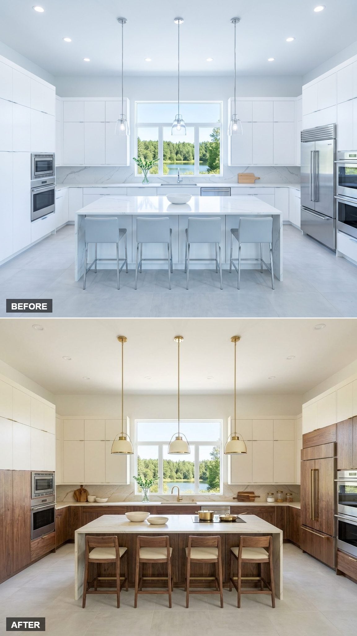 Floor-to-Cabinet Walnut Continuity With Cream Upper Cabinetry and a Honed Stone Break