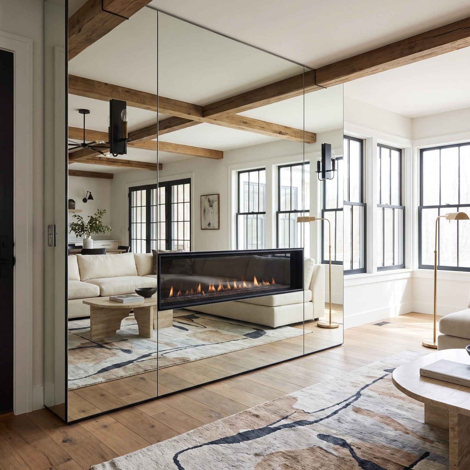 The Floor-to-Ceiling Mirror That Visually Erases the Fireplace