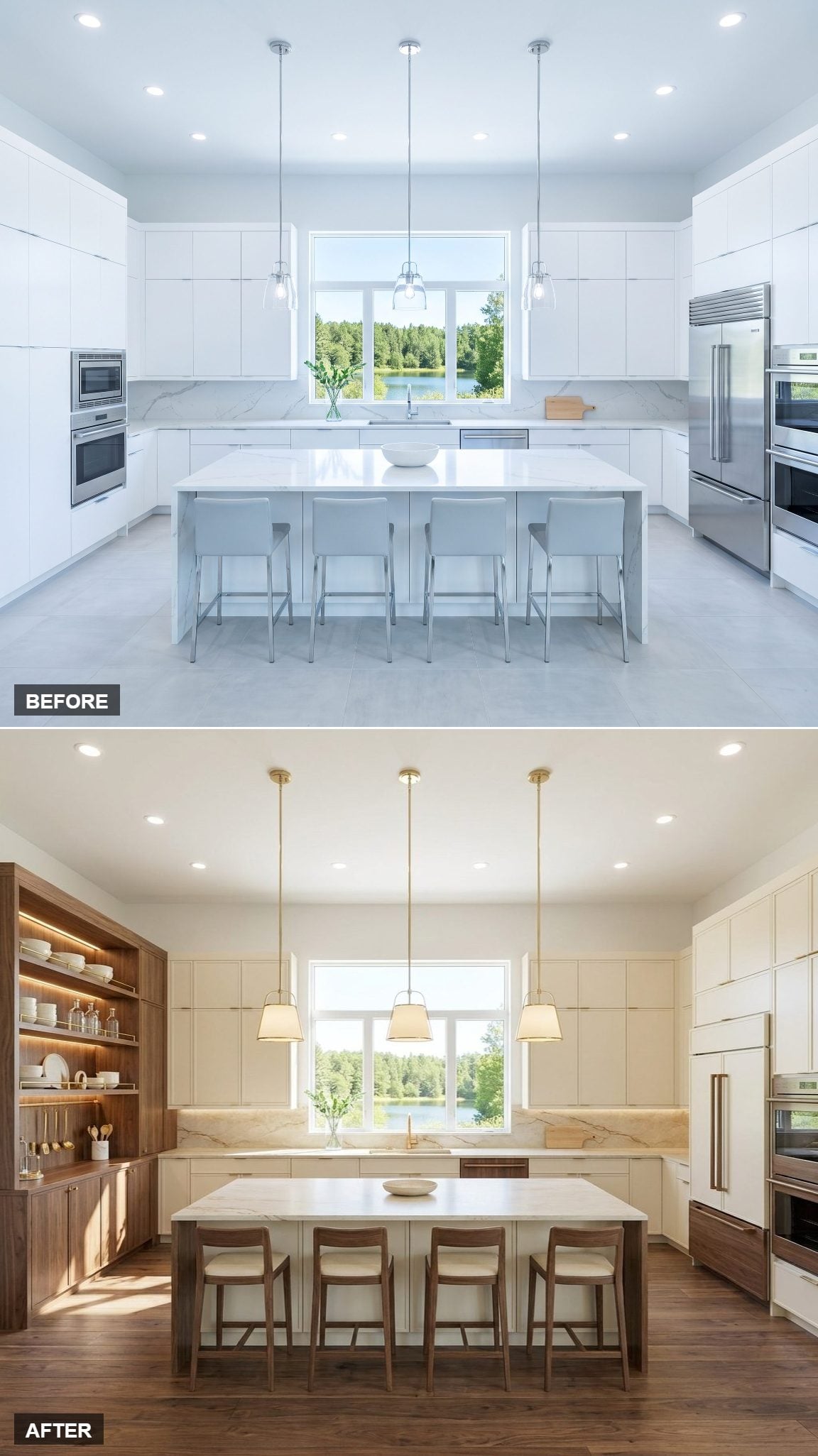 Floor-to-Ceiling Walnut Hutch with Brass Gallery Rails Inside a Warm-Cream Kitchen