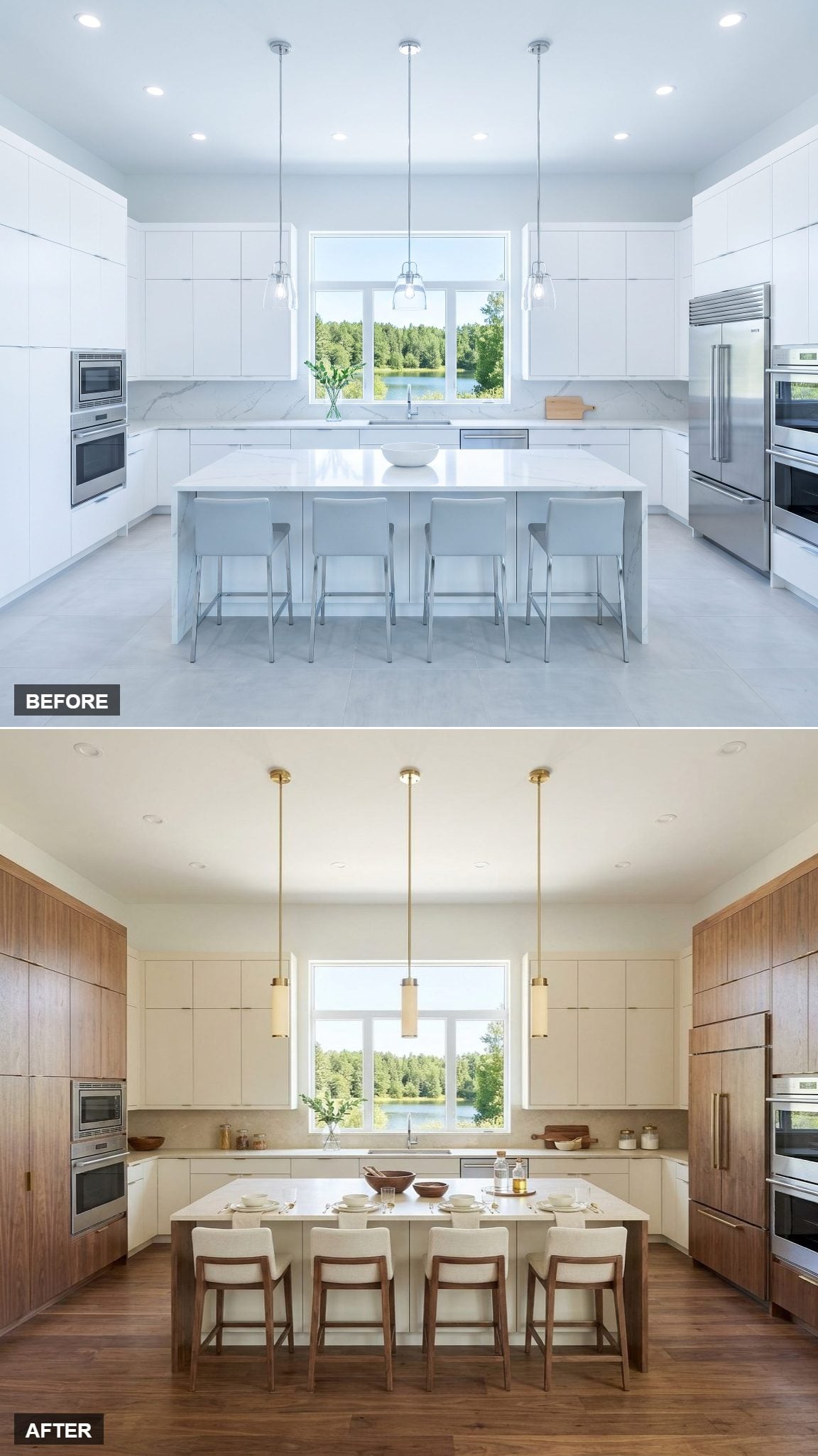 Floor-to-Ceiling Walnut Pantry Wall Anchoring a Luminous Cream Kitchen