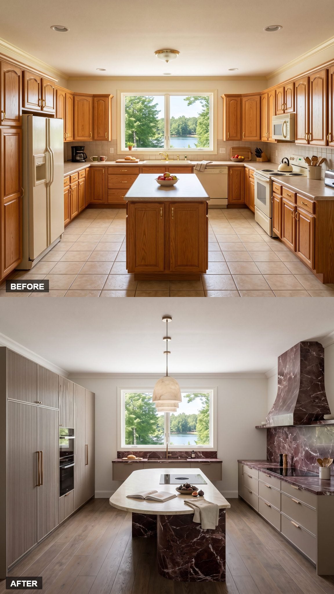 Dramatic kitchen featuring Rosso Levanto stone, fluted taupe cabinetry and a curved island