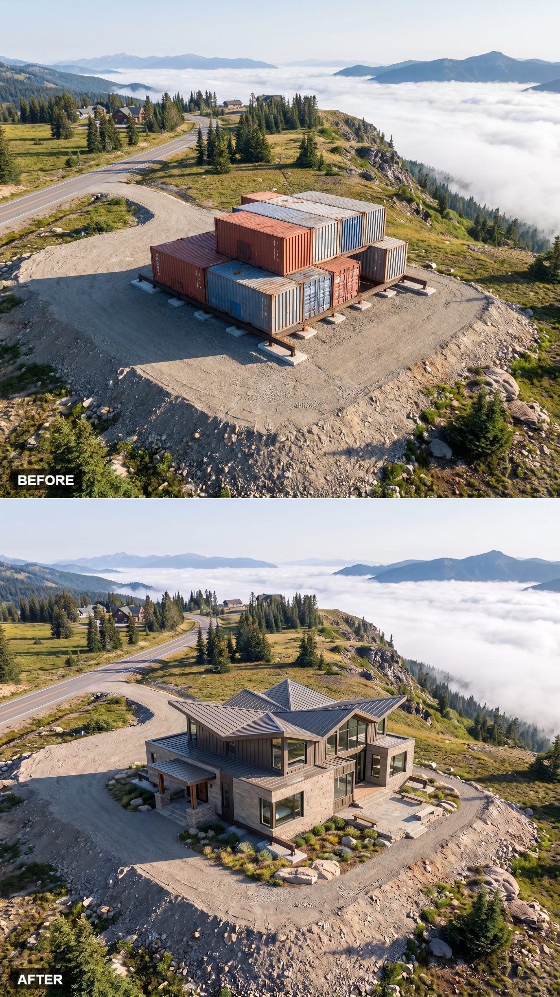 Container mountain house concept with a folded angular roof