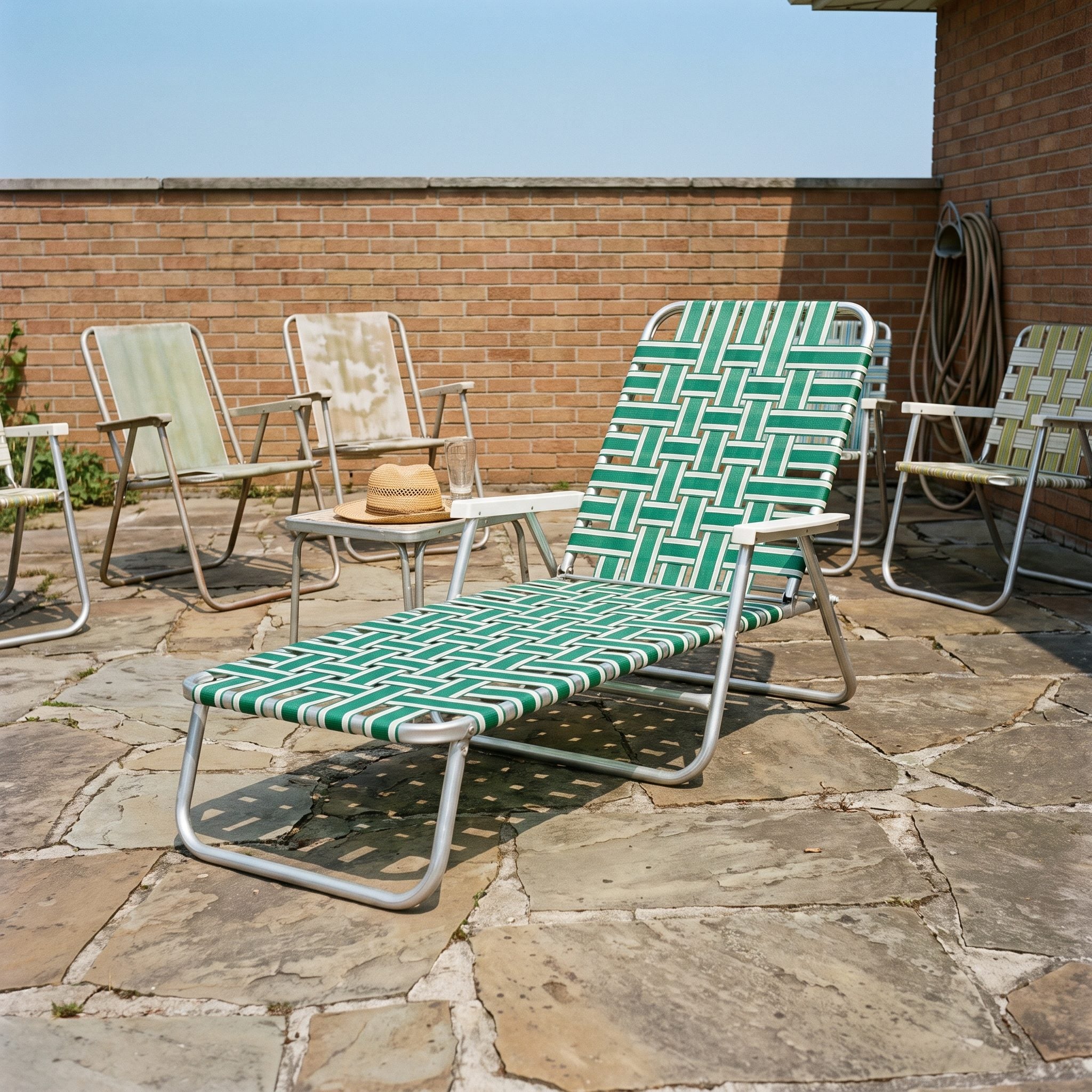 Webbed aluminum folding chaise lounge on a suburban lawn