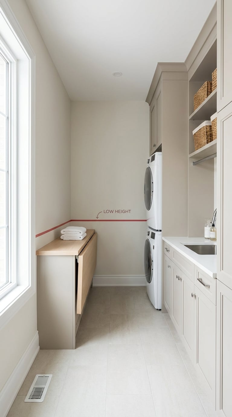White laundry room with a butcher block folding counter set at low kitchen height, requiring hunching to fold laundry.