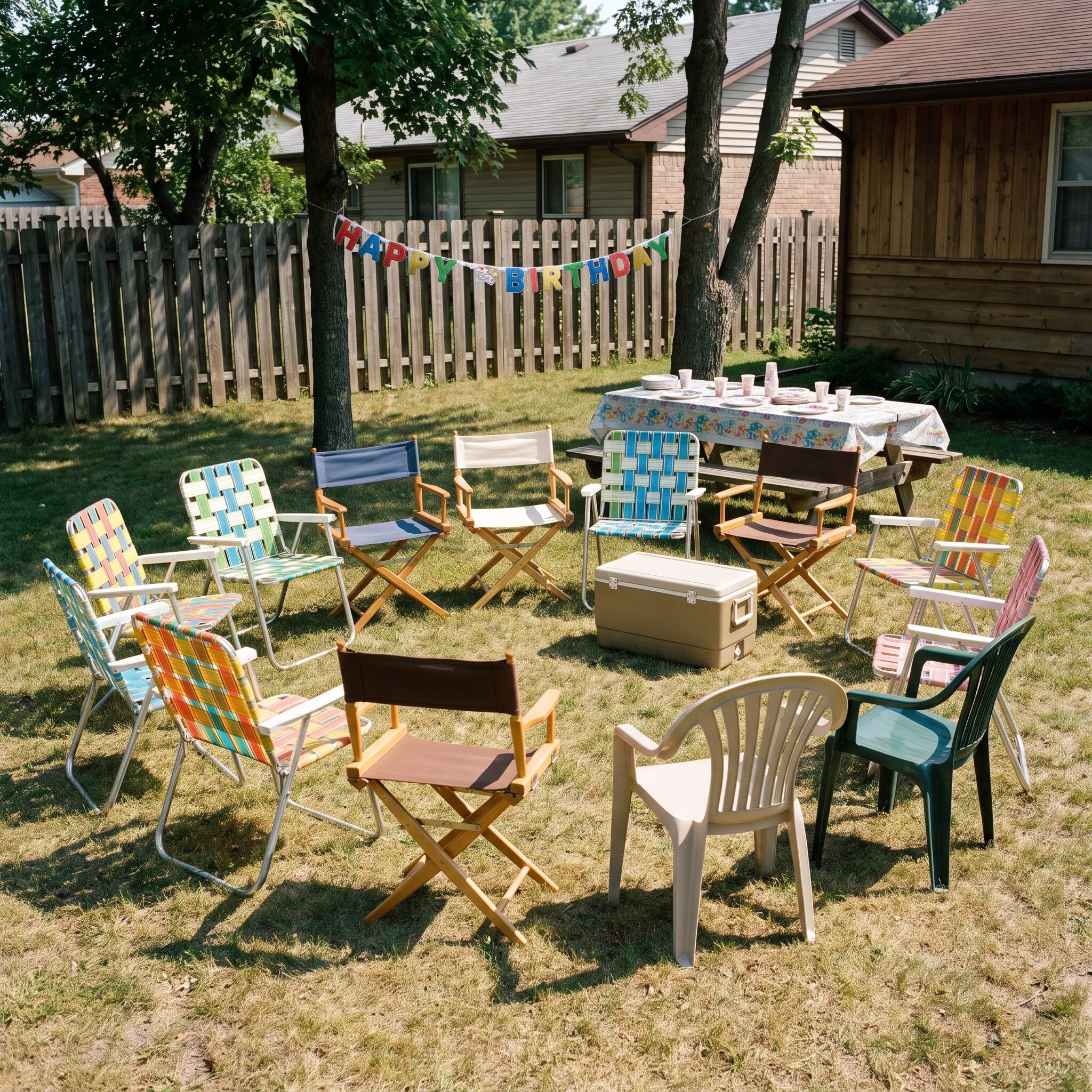 Folding and webbed lawn chairs gathered for a backyard birthday party