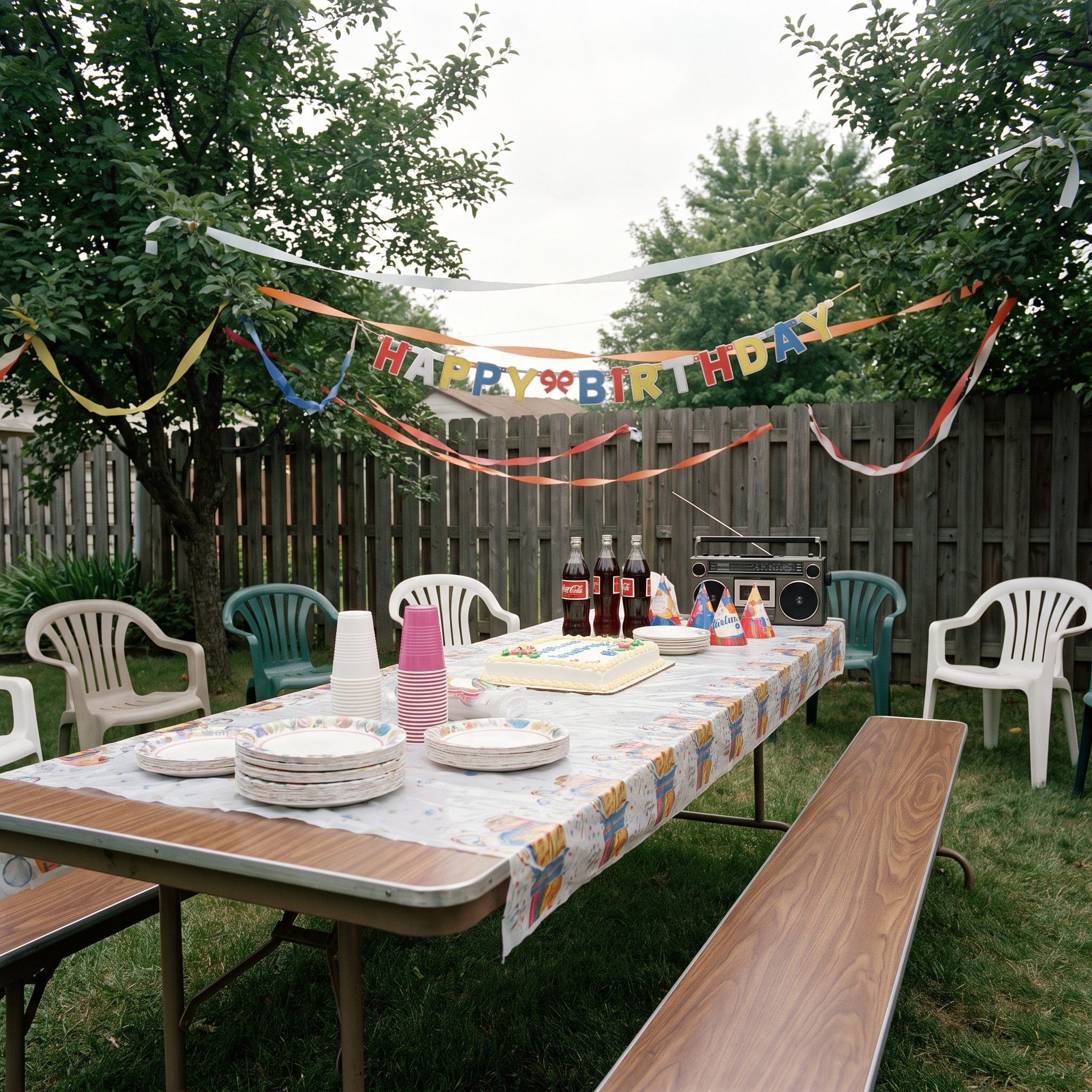 Folding table used as birthday party headquarters, costing $20 to $30 new