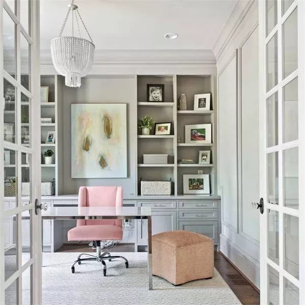 Pink Chair, Gray Built-Ins, and a Room That Earns Its Doors