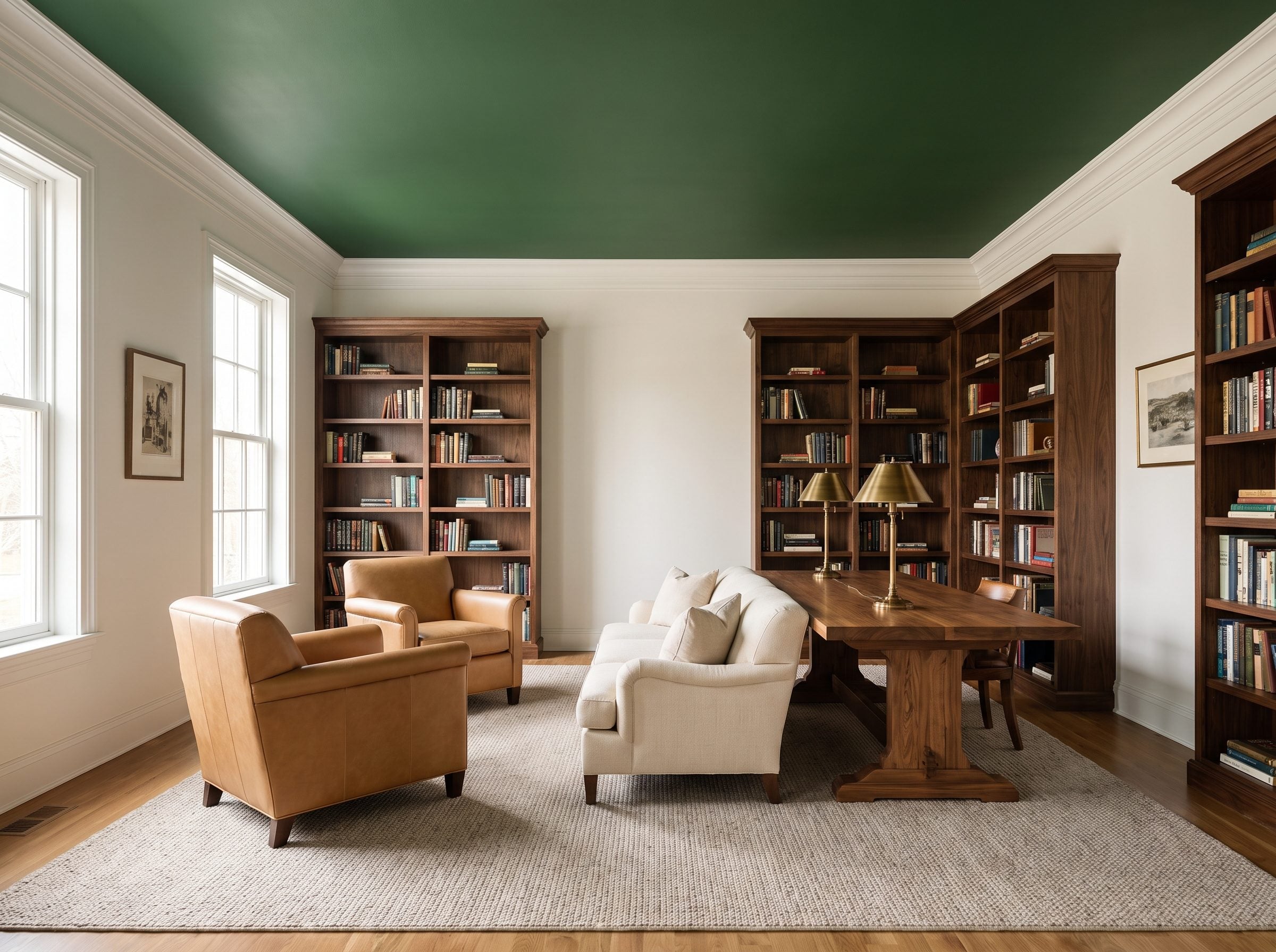 Residential library with a forest-green ceiling meeting warm white walls at a white crown molding, above walnut bookcases