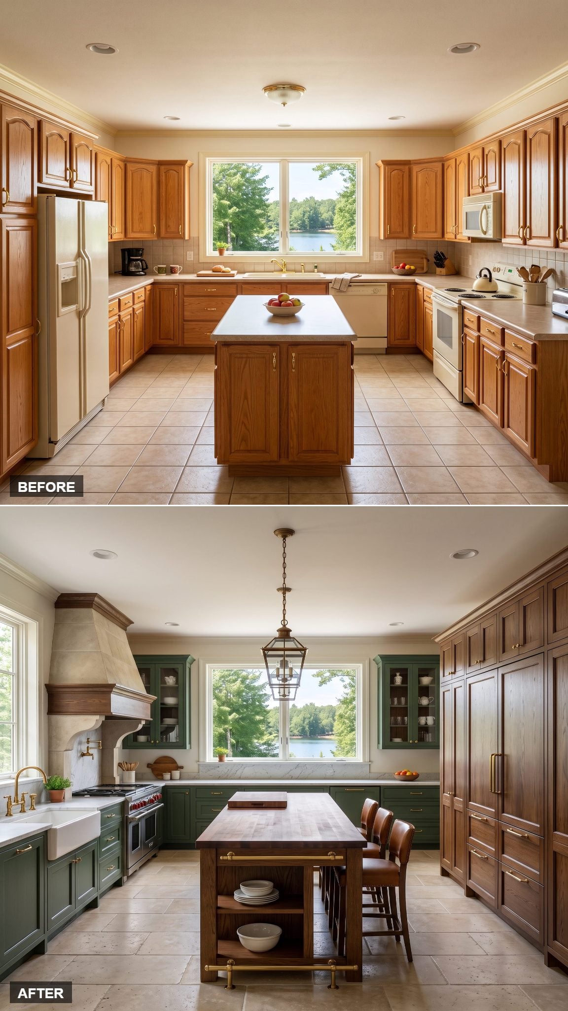Heritage-inspired kitchen with forest green cabinetry, dark oak shelving and brass detailing