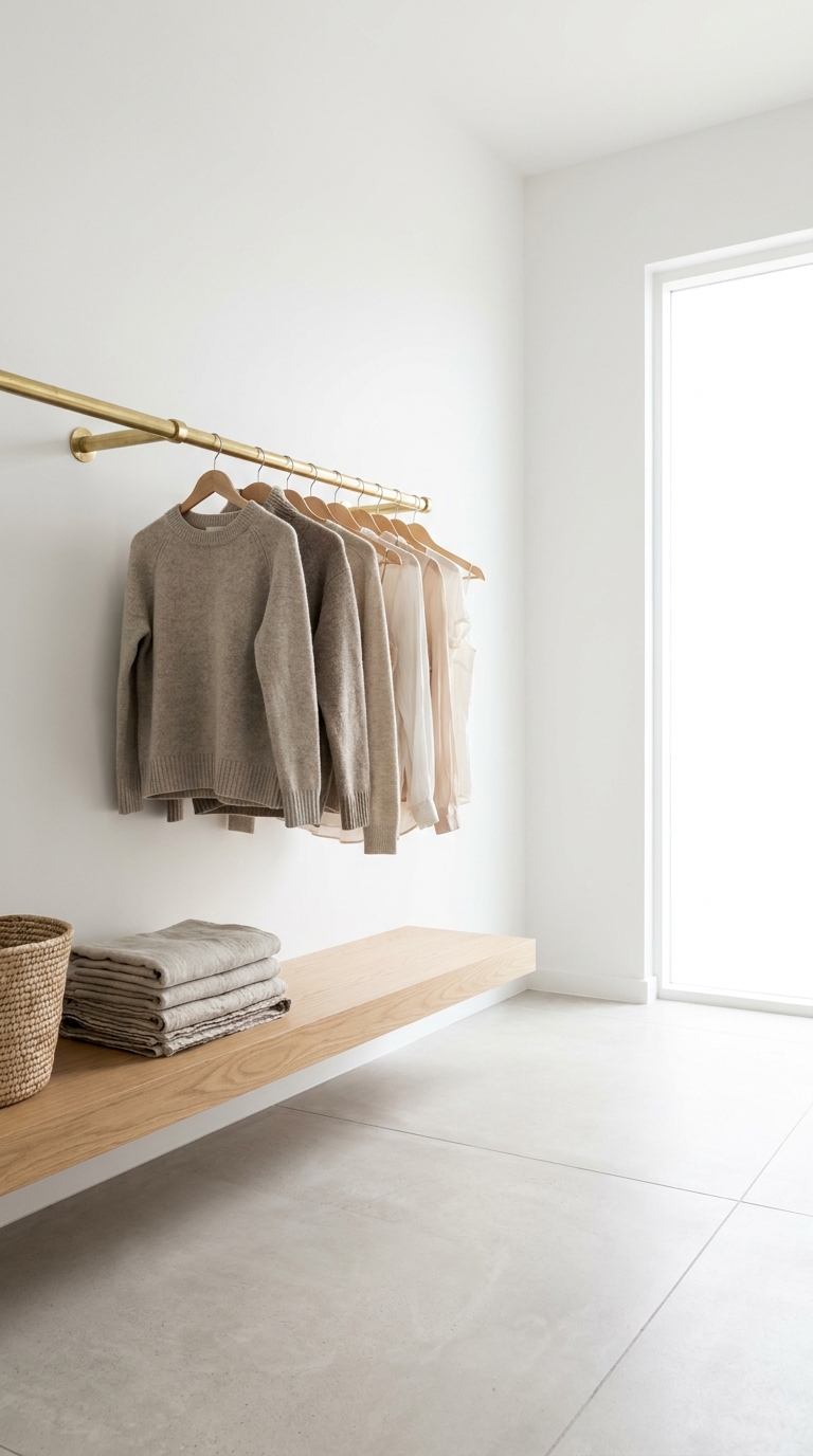 Blue laundry room with no drying rail, so damp sweaters drape over cabinet doors and a blouse hangs from a knob.