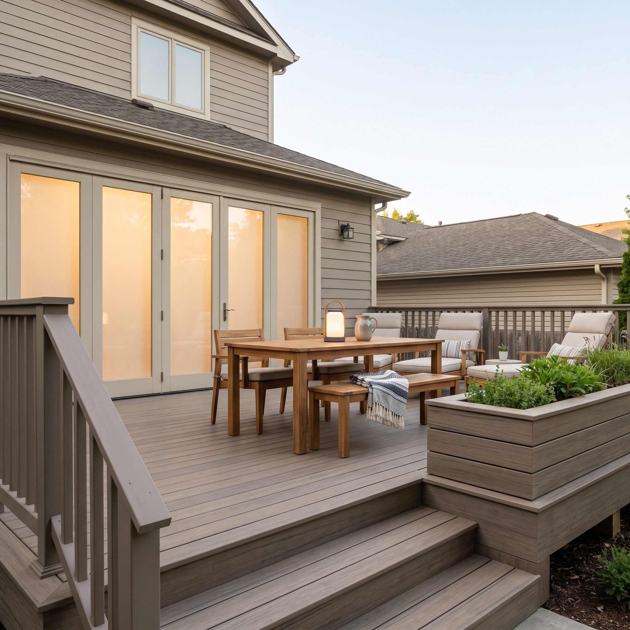 Composite deck at dusk with no built-in lighting, lit only by a single portable lantern on the table.