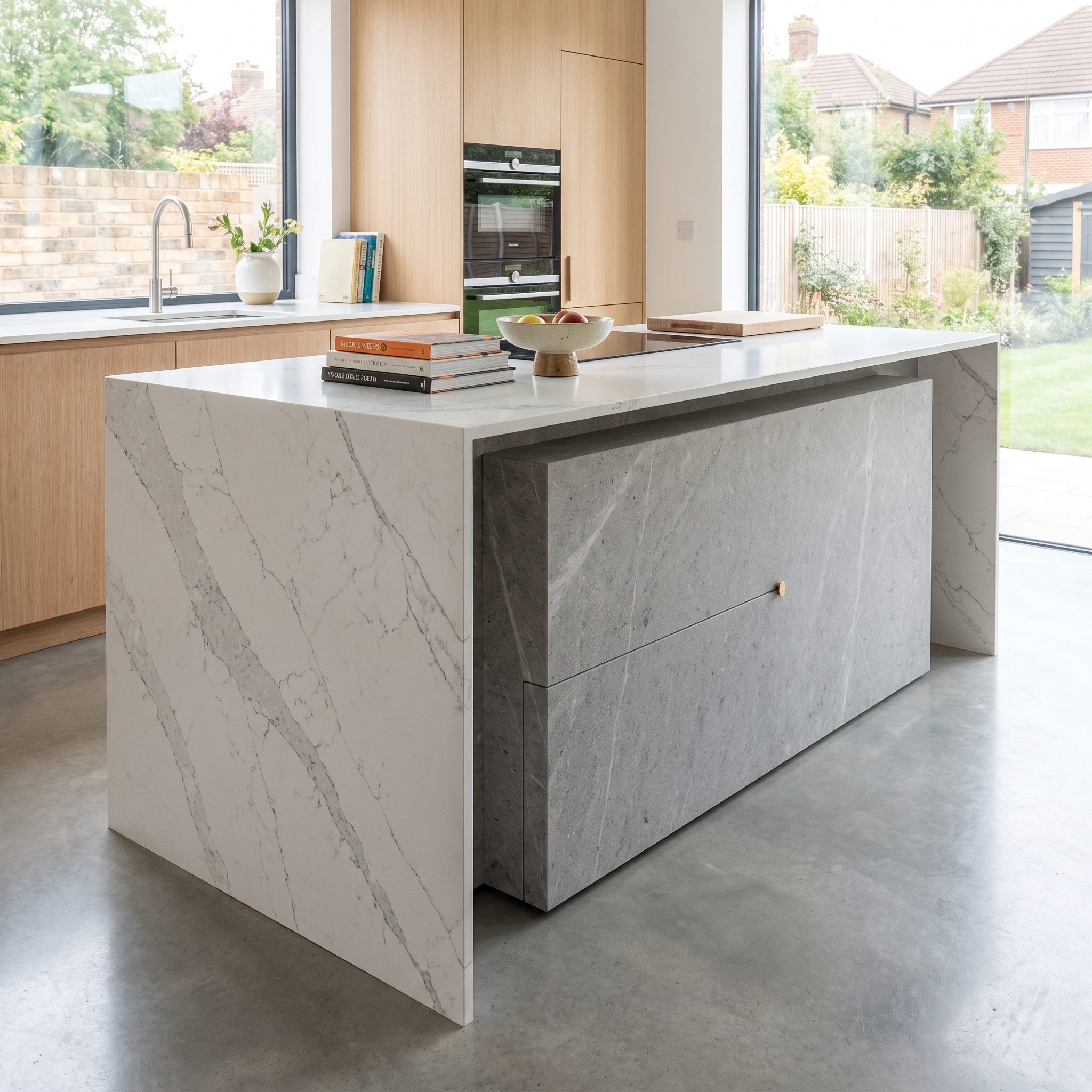 Forgetting That a Waterfall Countertop Can Sacrifice Useful Storage or Seating