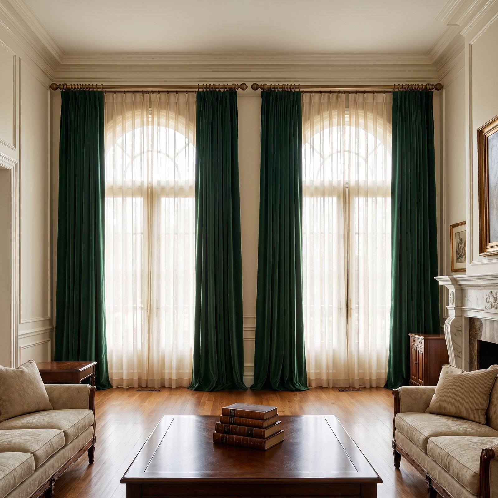 Formal Living Room With Double Rods Hung Near the Ceiling
