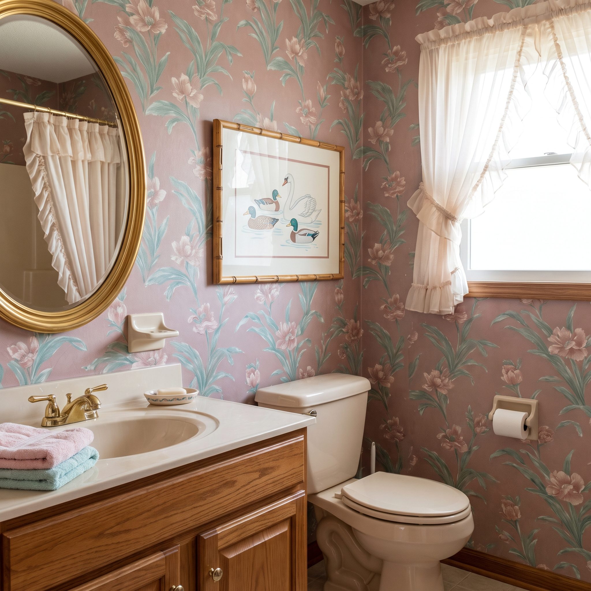 Framed Floral, Swan, or Duck Art Hanging Directly Over the Toilet