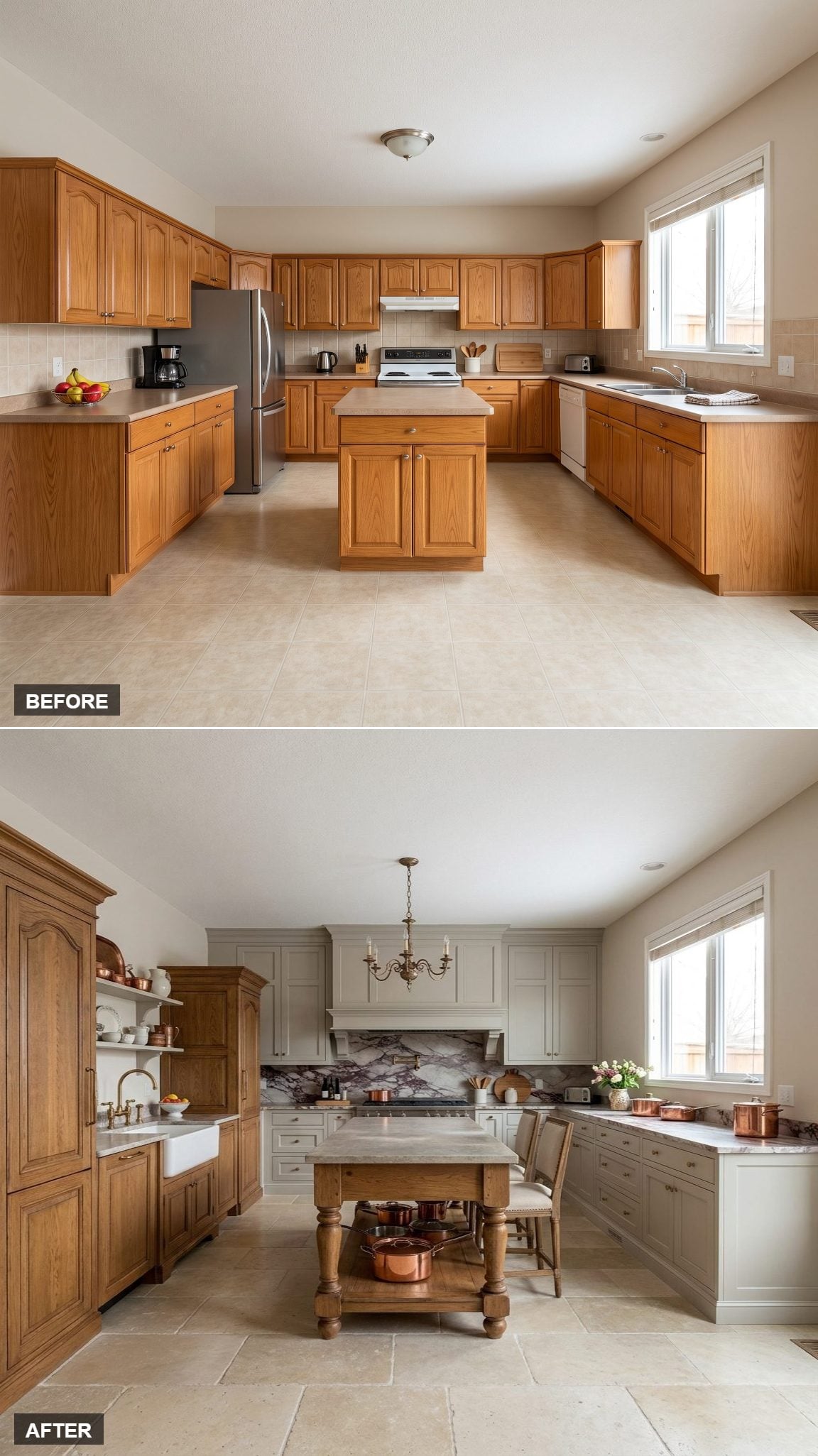 French Château Kitchen: Hand-Painted Putty Cabinetry and a Grand Antique-Oak European Worktable