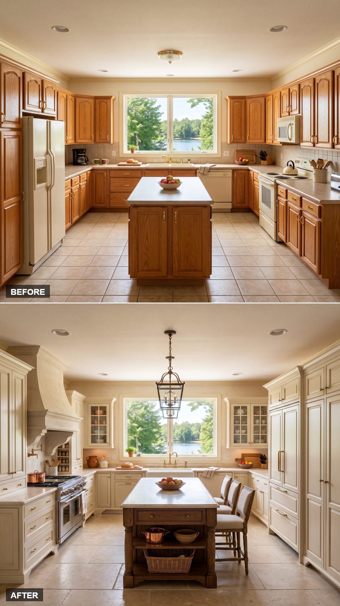 French-inspired kitchen featuring limestone tones, traditional cabinetry and a plaster-finished range hood enclosure