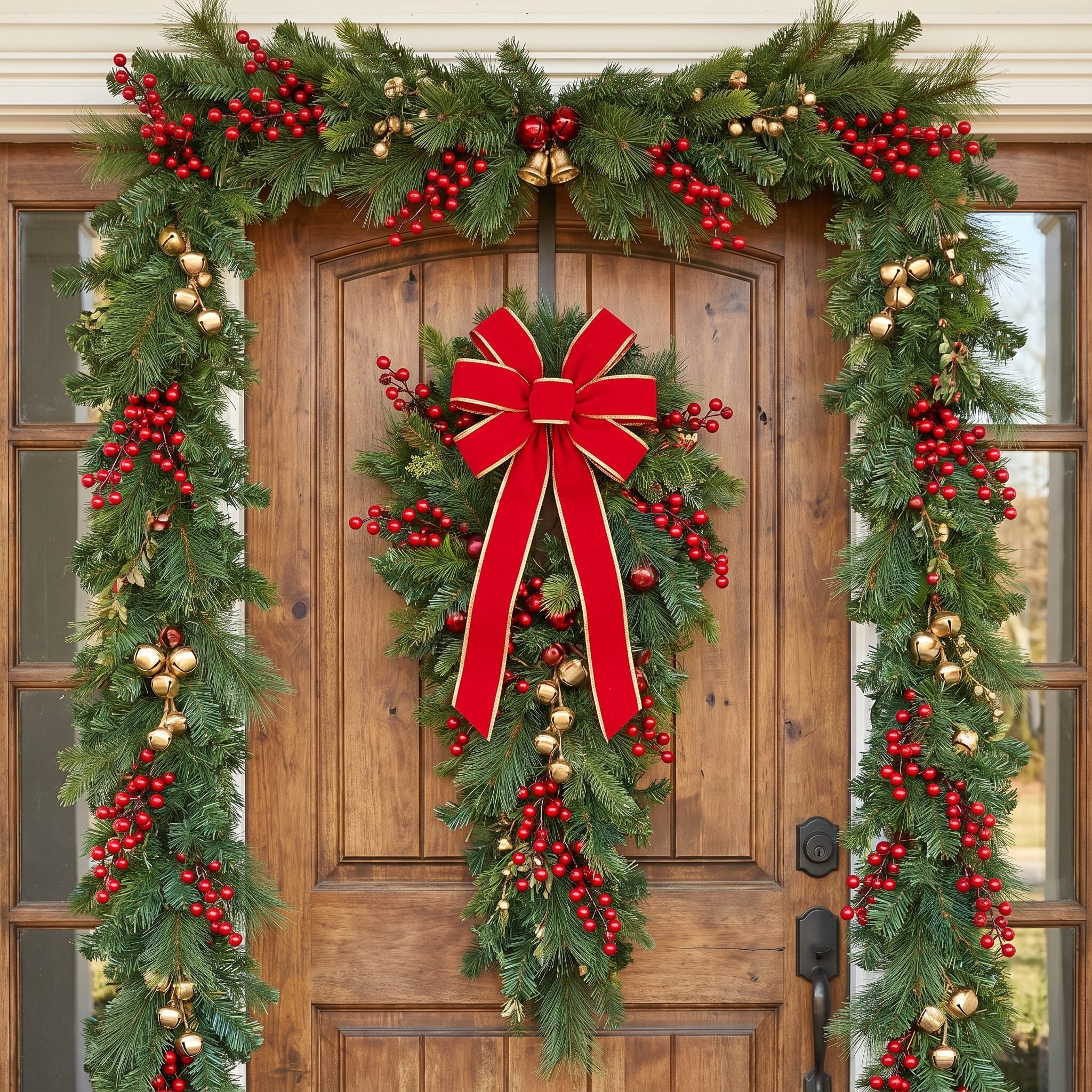 A Front Door Buried in Greenery, Bells, and a Wired Ribbon Bow