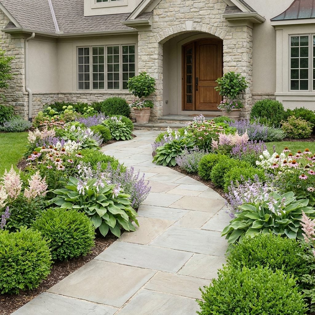 A Front Walk Lined With Long-Lived Plants Instead of Annual Flowers