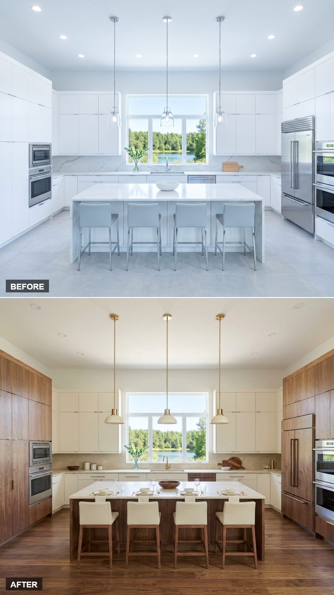 Full-Height Walnut Tower Rhythm Against Warm-Cream Working Cabinetry