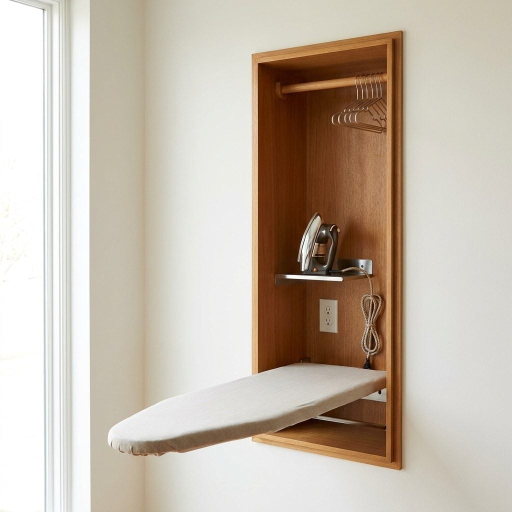 The Full Ironing Center With a Dedicated Iron Shelf and Electrical Outlet