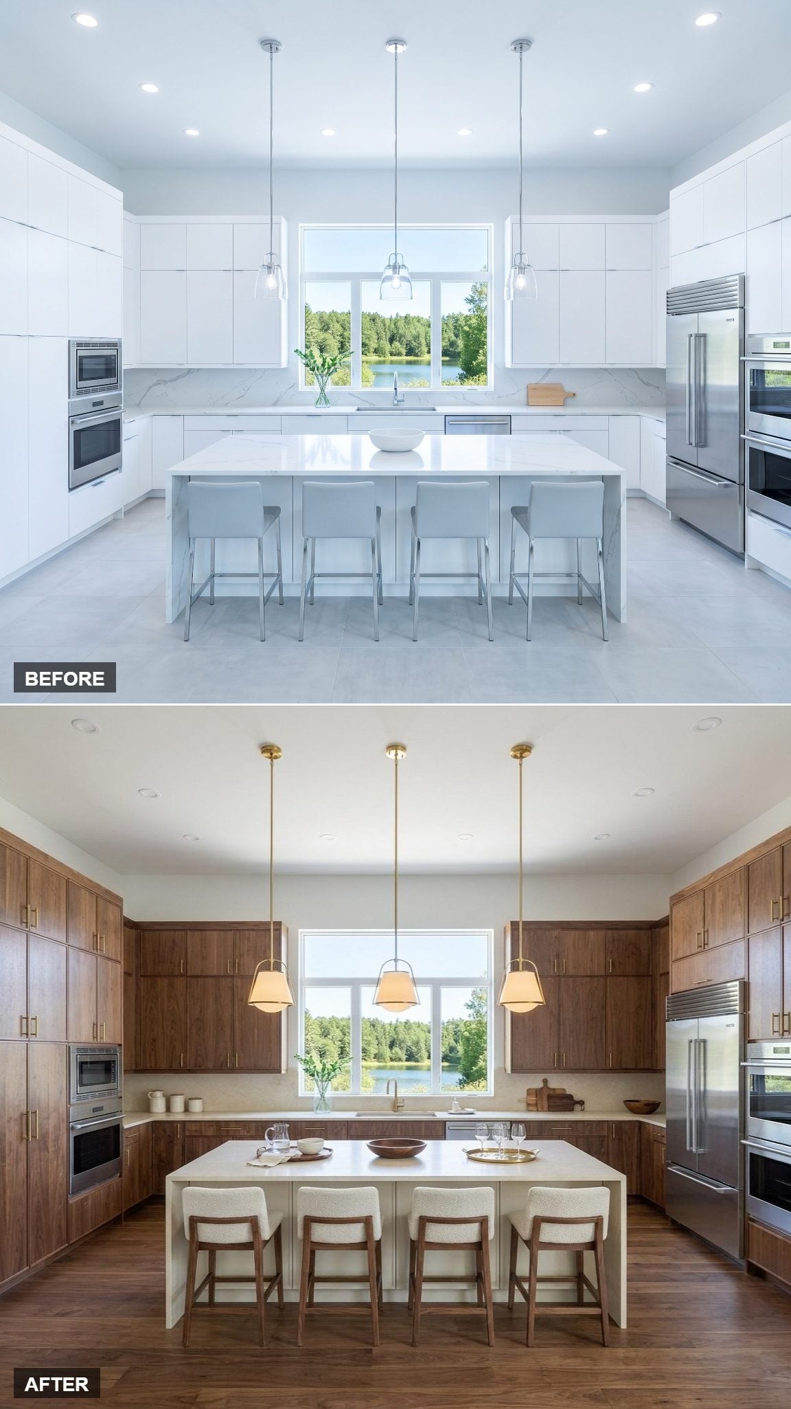 Full Walnut Perimeter Cabinets Balanced by a Warm Cream Island