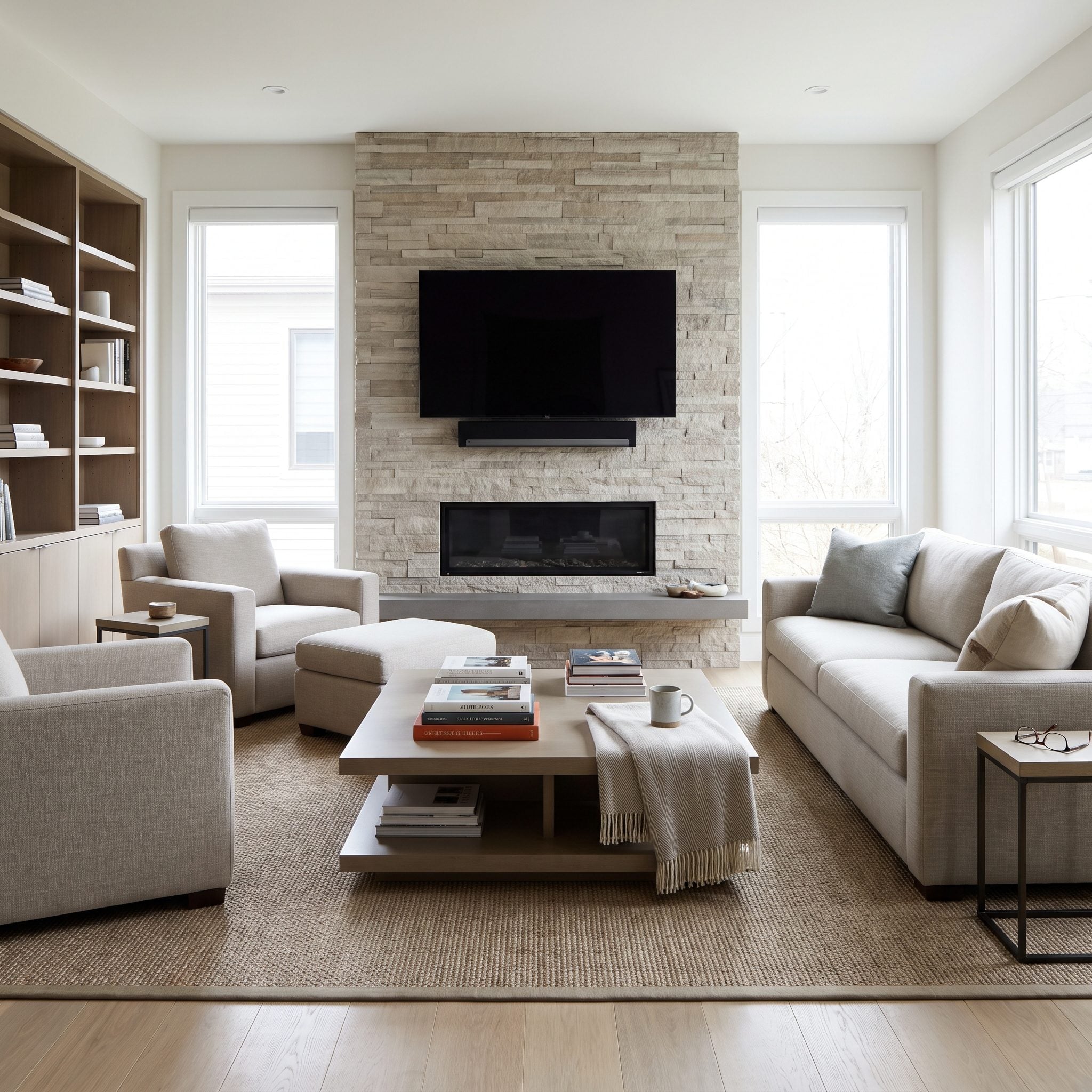 Transitional living room with a sofa and two chairs lined up in a single row all facing a fireplace-mounted TV.