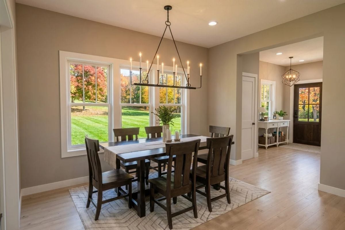 Candle-Style Chandelier Over Dark Wood Makes Fall Views Feel Earned