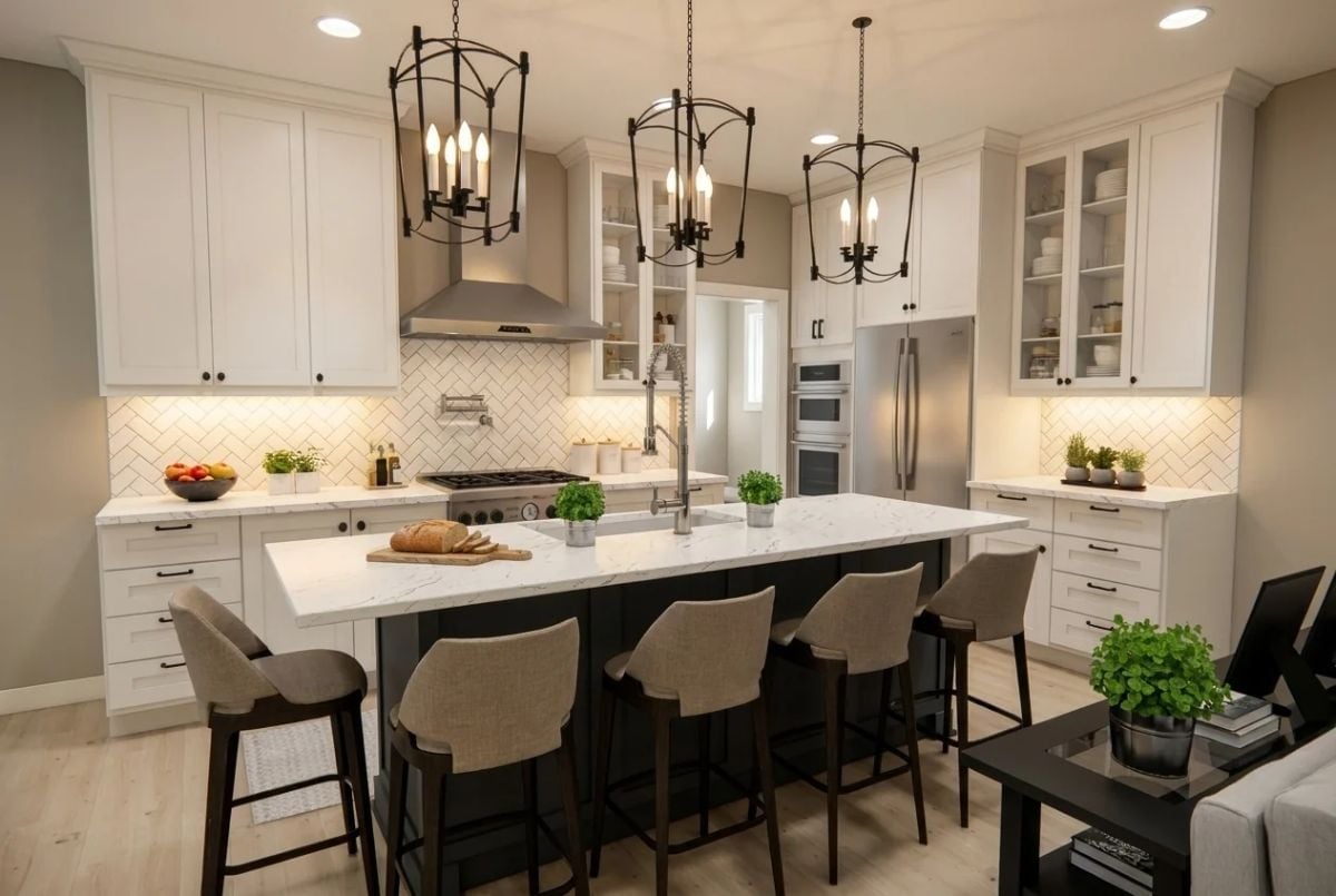 Marble Island With a Dark Base That Earns Every Inch of Counter Space