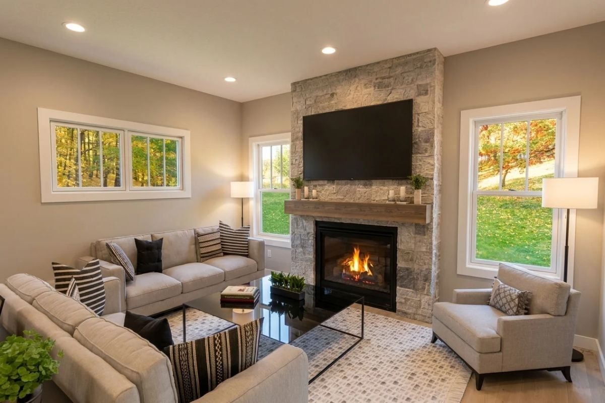 Stone-to-Ceiling Fireplace That Makes the TV Feel Like an Afterthought