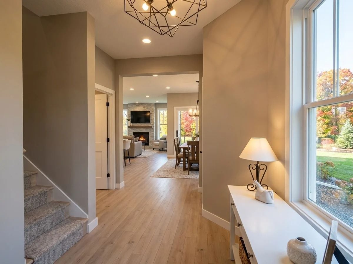 Warm Taupe Entryway Where the Fireplace Greets You Before You Sit Down