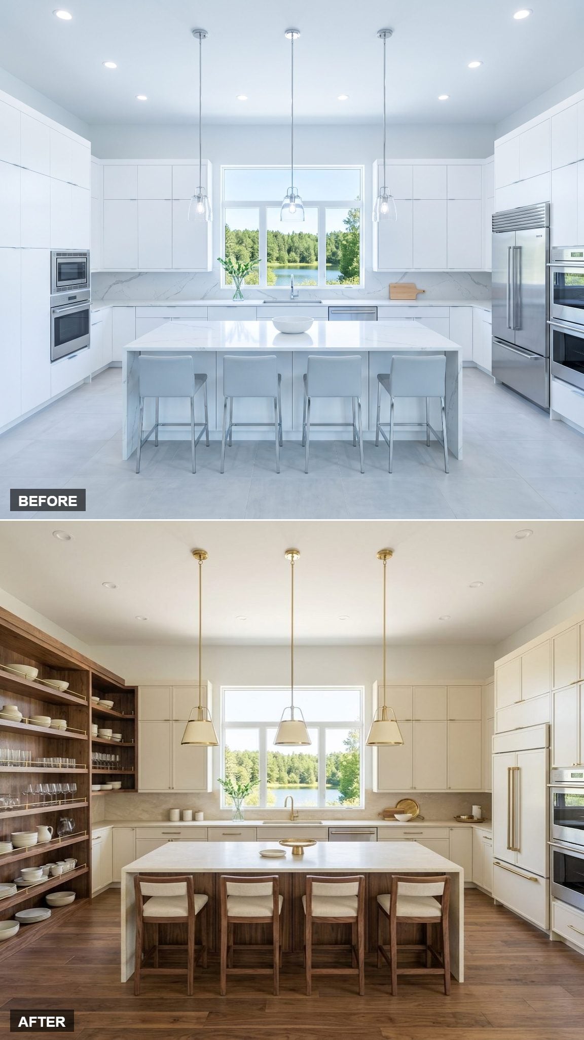 Gallery-Style Walnut Display Wall Surrounded by Expansive Warm-Cream Architecture