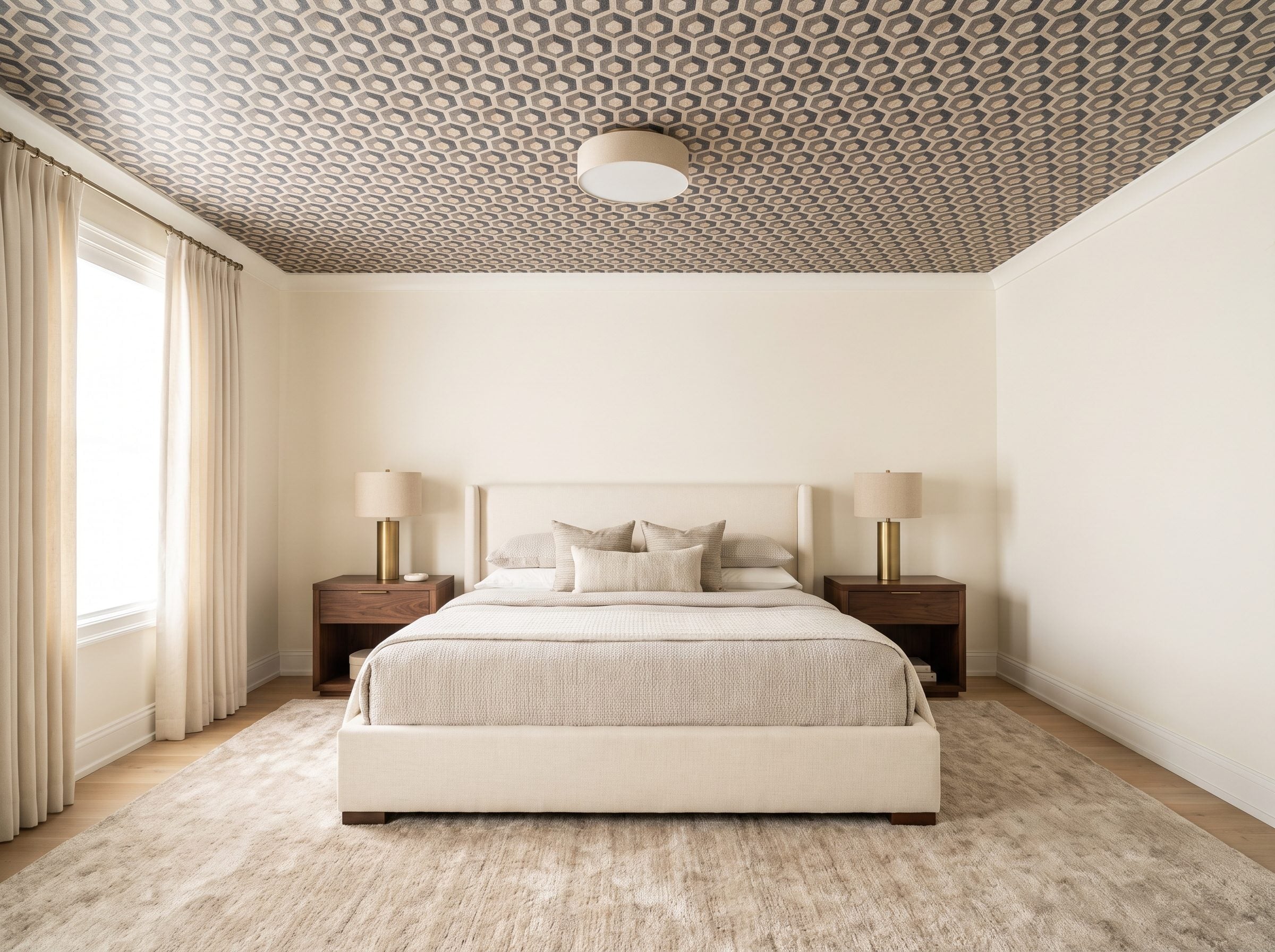 Contemporary bedroom with a small-scale charcoal and bronze geometric wallpaper covering the entire flat ceiling above an