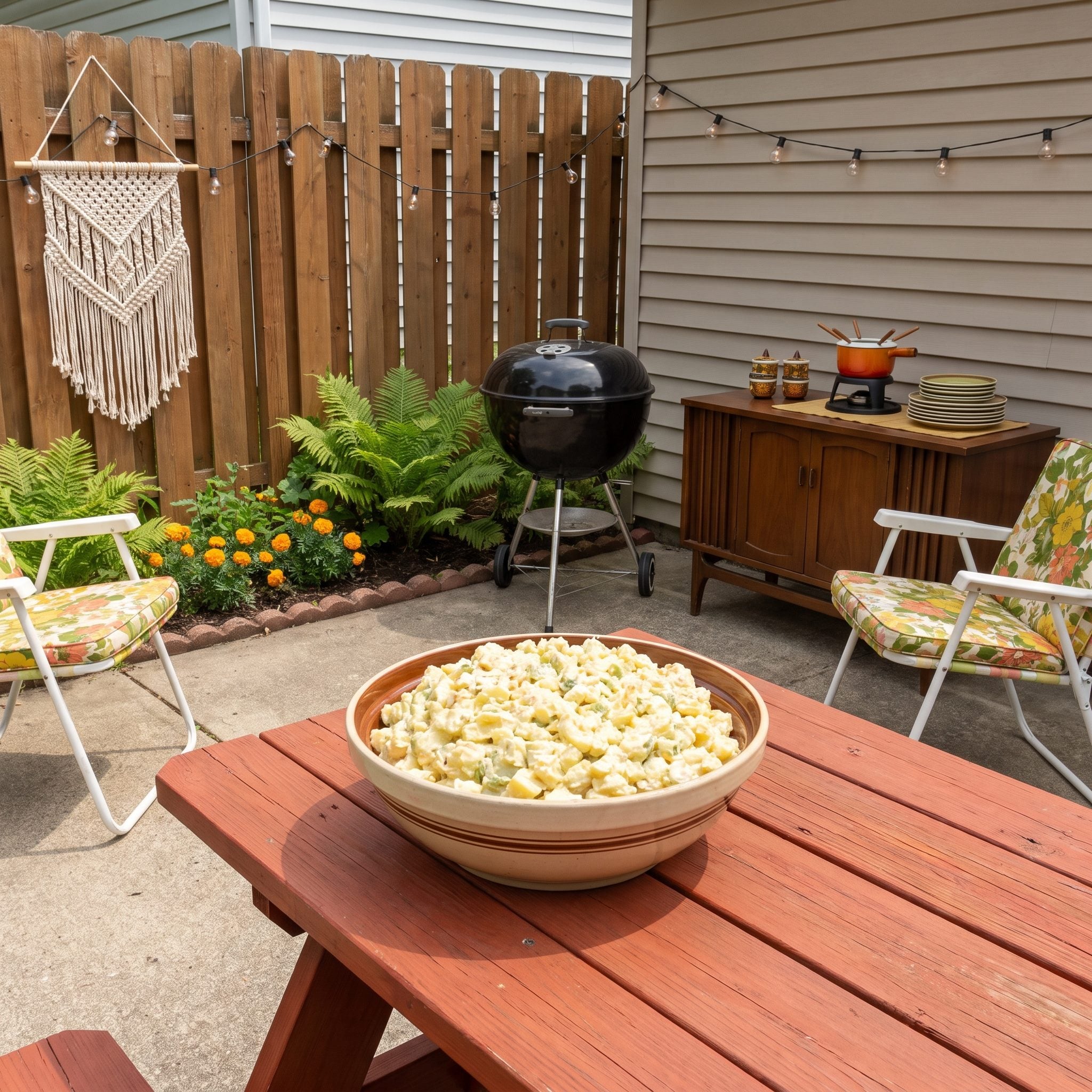 Large bowl of homemade potato salad at a backyard barbecue