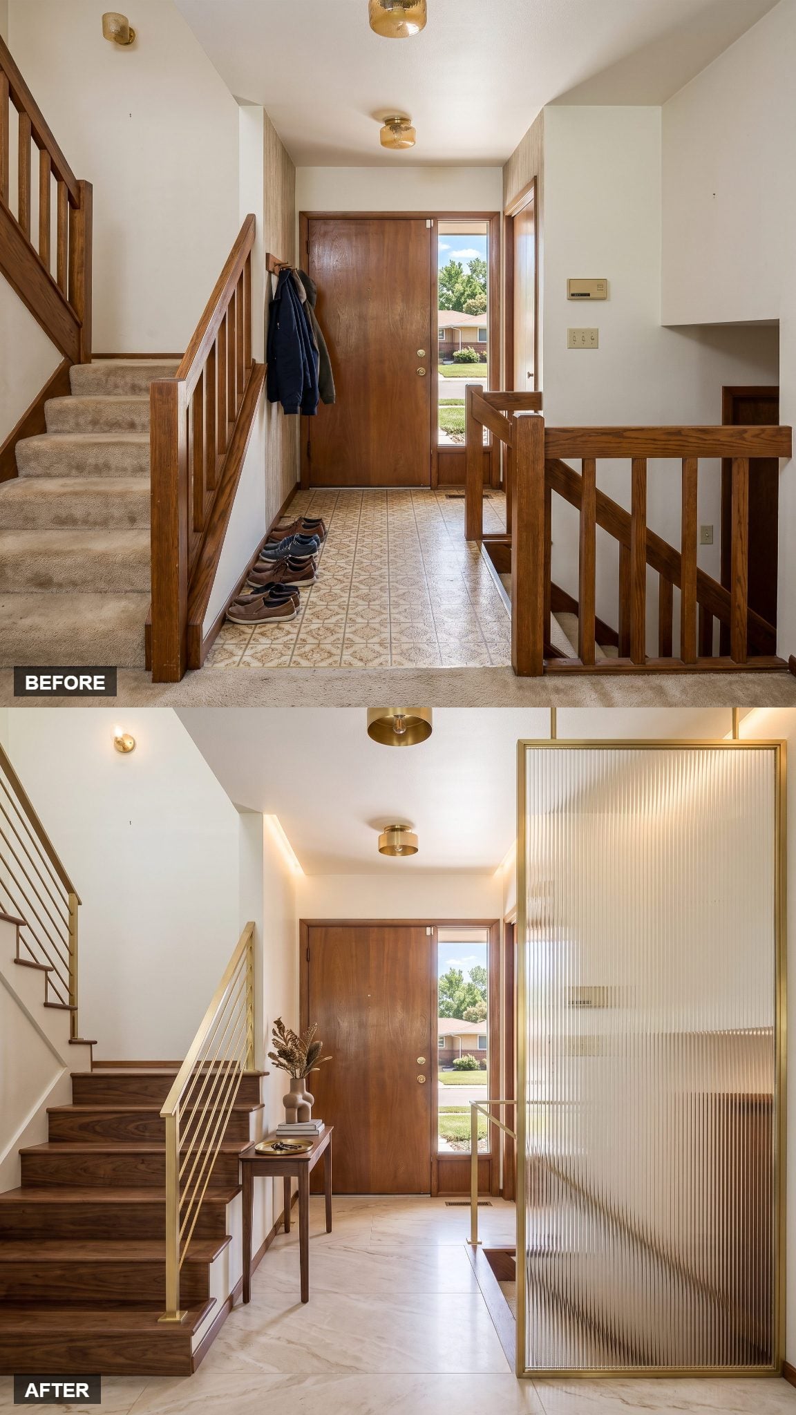 Glamorous Stone-and-Brass Entry With a Fluted Screen
