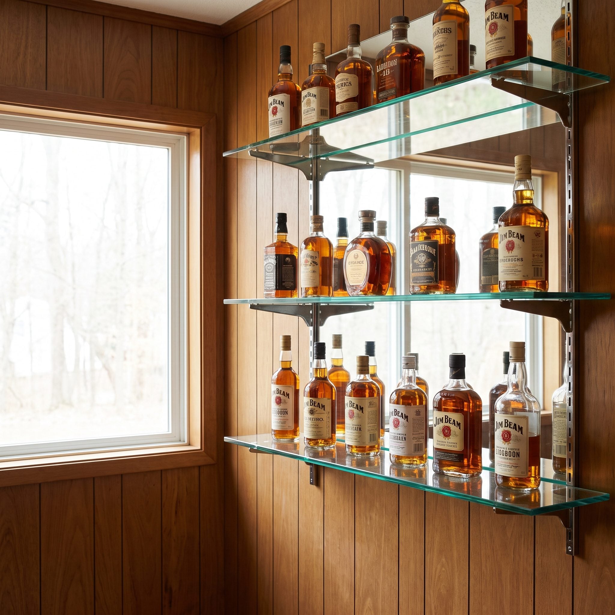 Glass Shelves Displaying Bottles Like a Neighborhood Cocktail Lounge