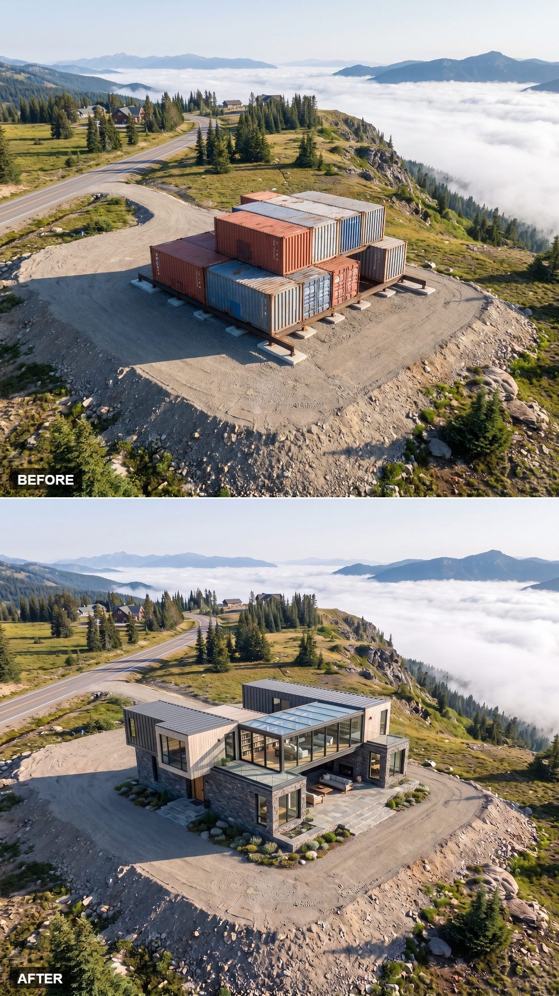 Mountain container house concept with a glazed bridge between upper volumes