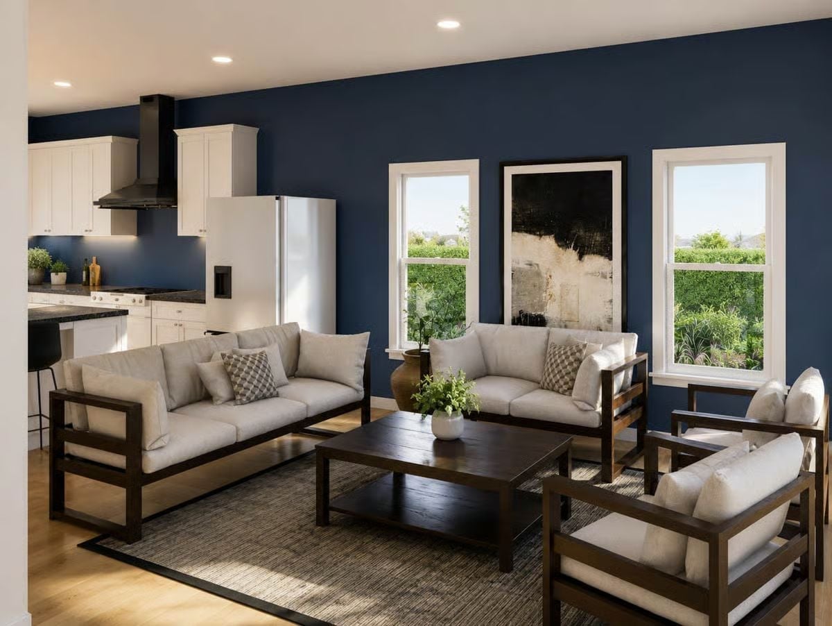 Navy Accent Walls and Dark Wood Frames Make a Case for Bold Choices
