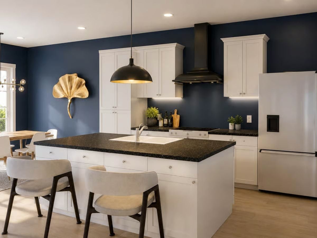 Navy, Black Granite, and One Gold Leaf That Earns Its Place on the Wall