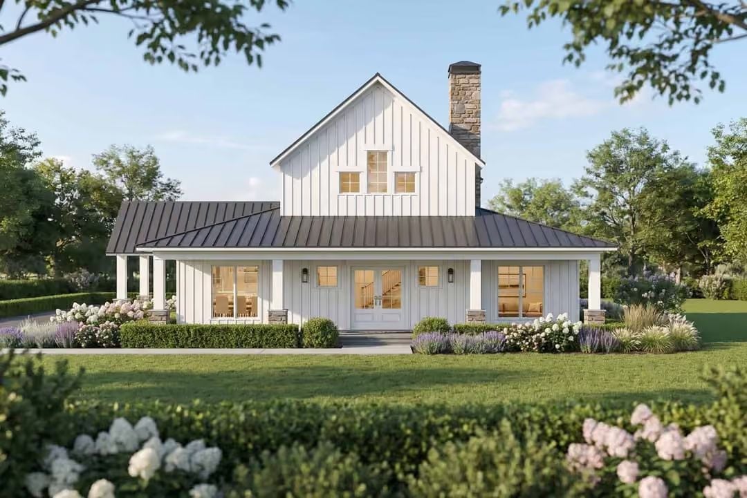 Board-and-Batten White with a Dark Metal Roof That Actually Works