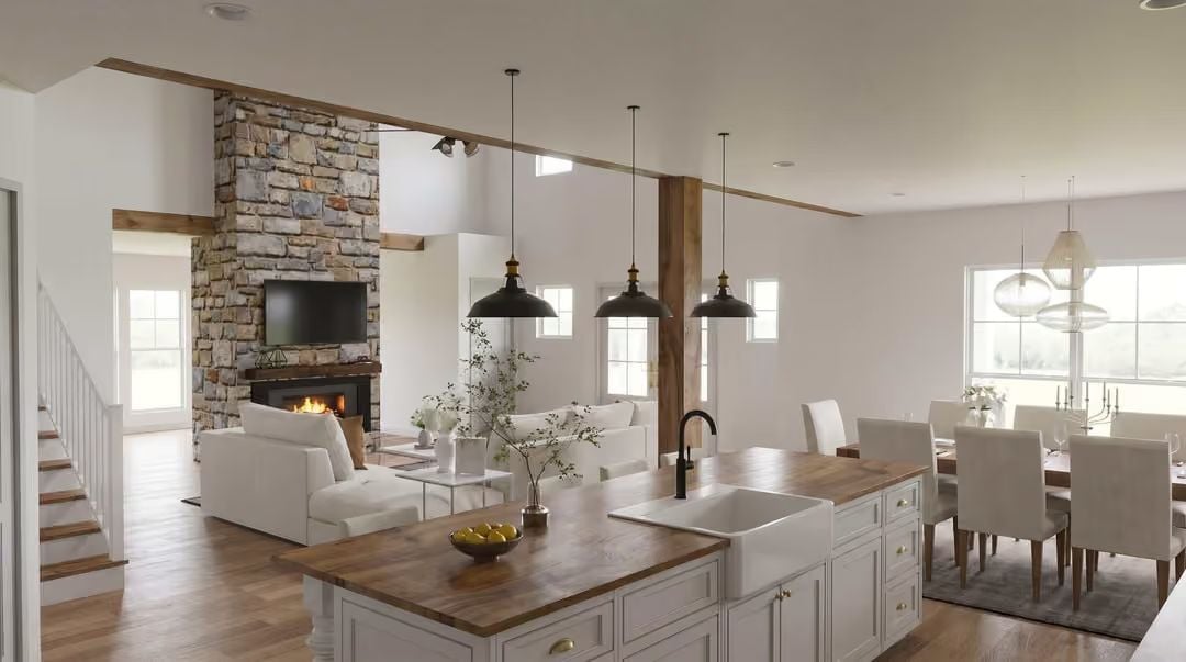 Stone Fireplace, Butcher Block, and Three Pendant Lights Walk Into an Open Plan