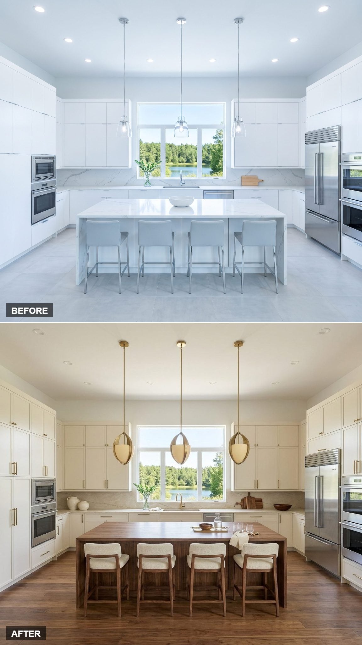 Grand Walnut Island and Warm Cream Perimeter With Brass Pendants