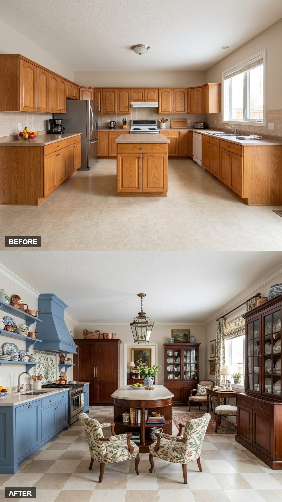 Grandmillennial Collector Kitchen with Mahogany Vitrines, Botanical Tile, and Cornflower Blue Cabinetry