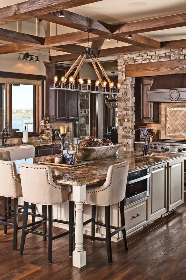 Rope-Wrapped Chandelier Over a Kitchen Island Built for Actual Cooking