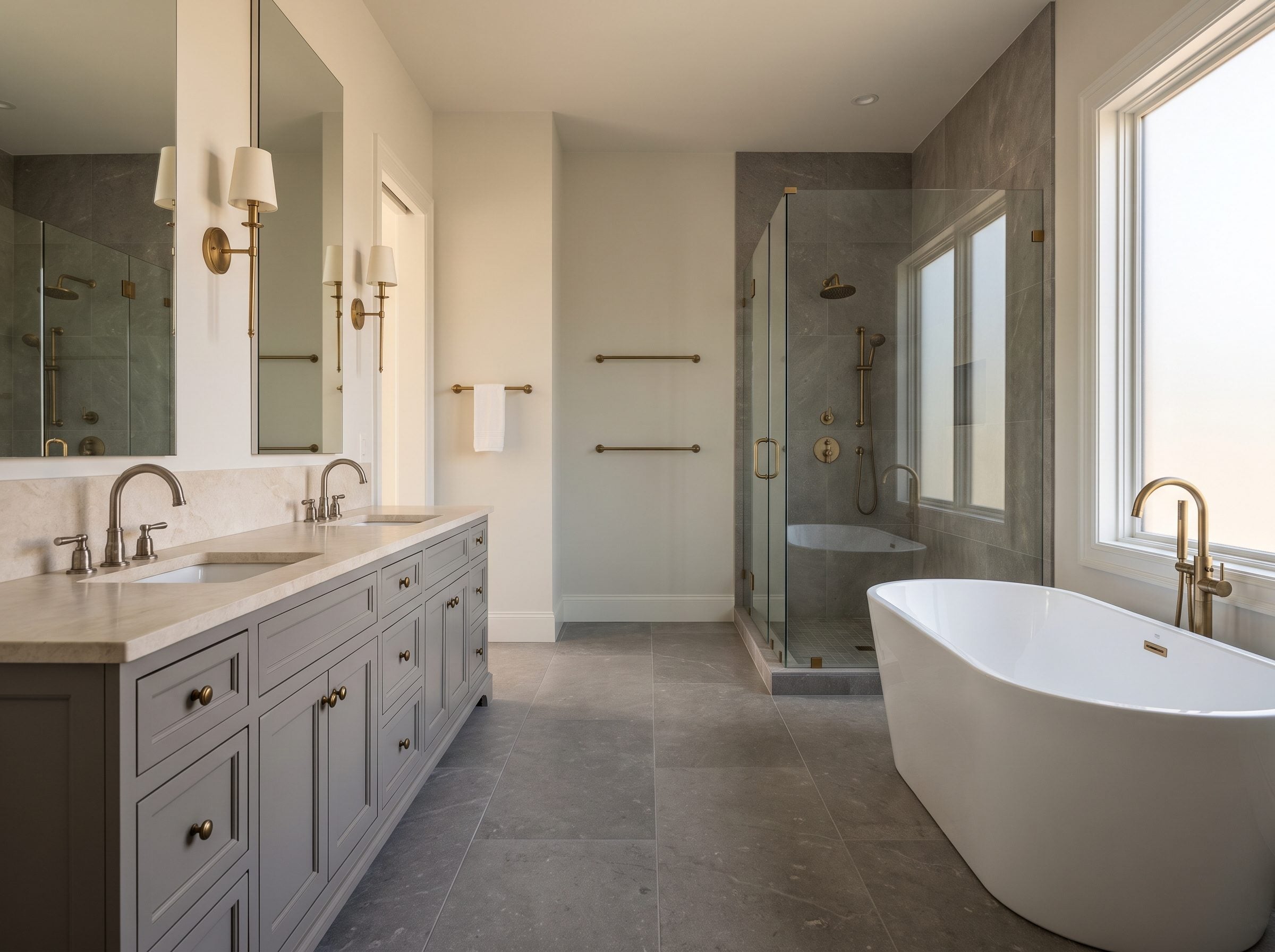 Gray-tiled bathroom with a gray double vanity, cream countertop, and aged-brass faucets, sconces, and pulls as the only warm