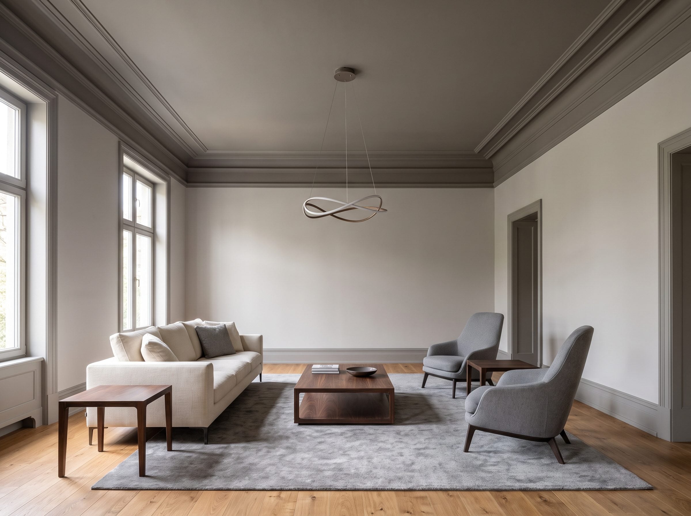 Living room with a medium warm-gray ceiling and crown molding set against paler gray walls, above an oak floor, cream sofa,