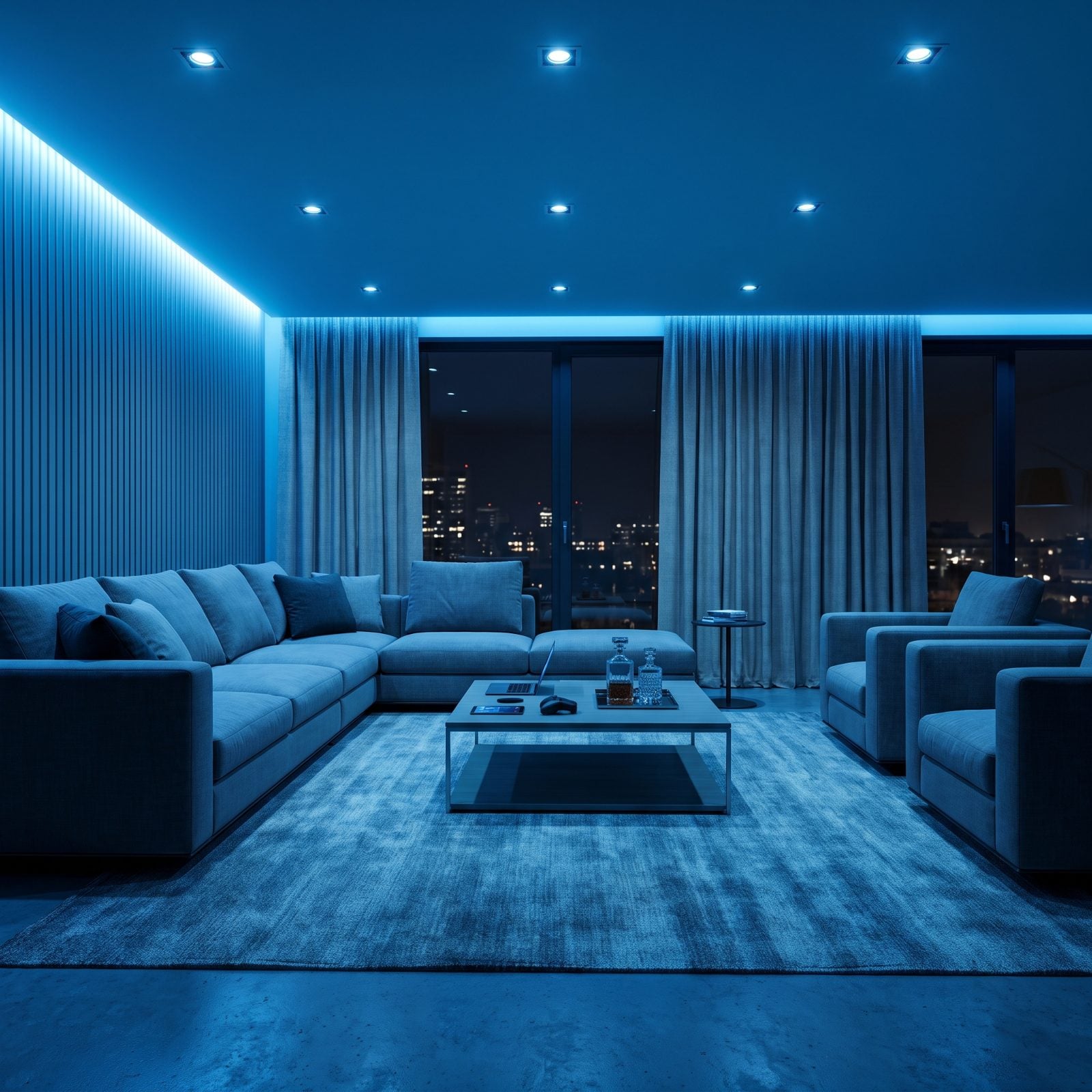 A Gray Couch Beneath Cold Blue LED Lighting