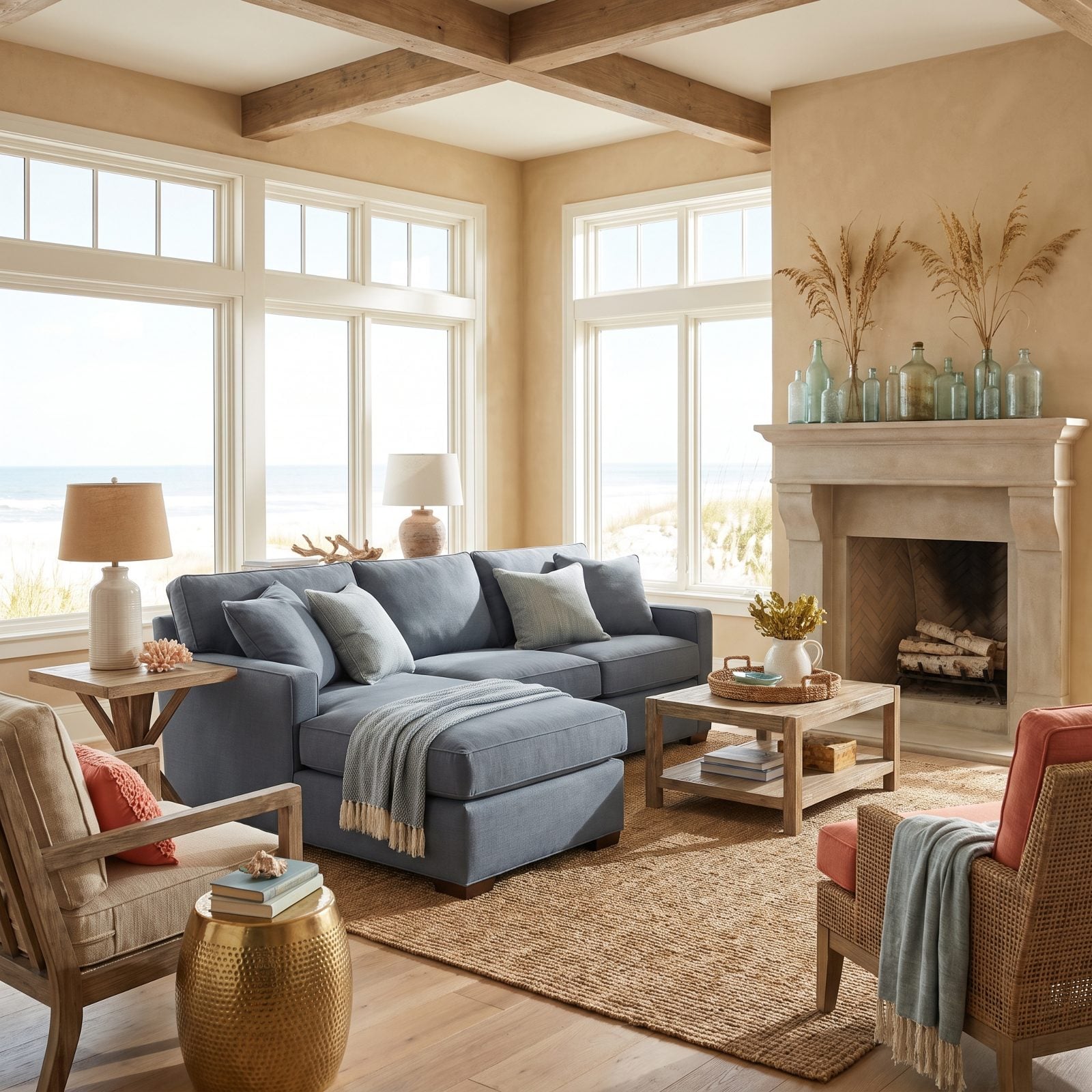 A Gray Couch Draining Warmth From a Coastal Room