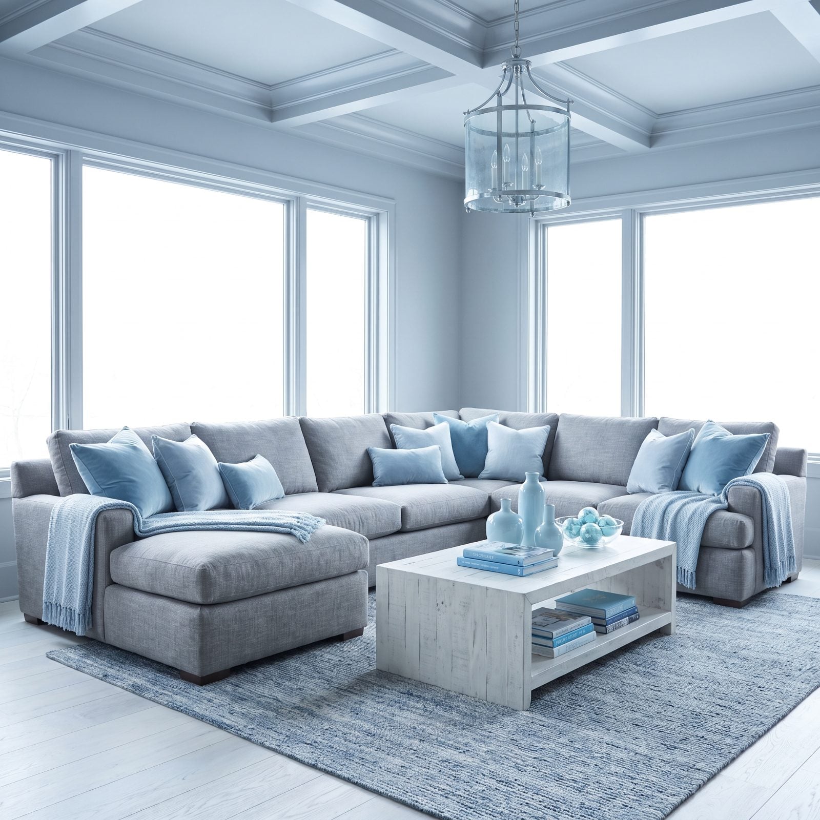 A Gray Couch With Pale Blue Accessories Everywhere