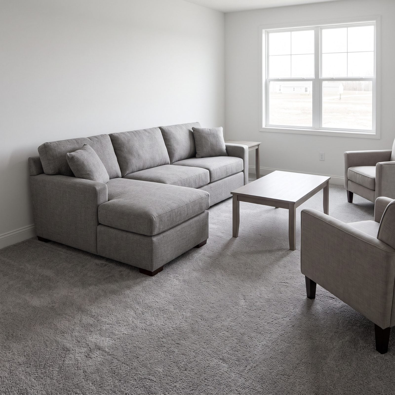 A Gray Couch on Wall-to-Wall Gray Carpet