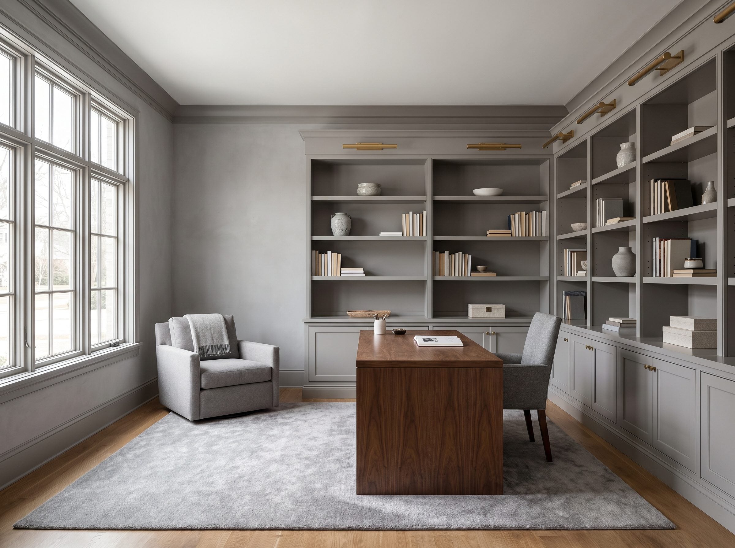 Home office with mid-gray built-in bookcase, walnut desk, brass picture lights, and a gray wool rug on oak flooring.